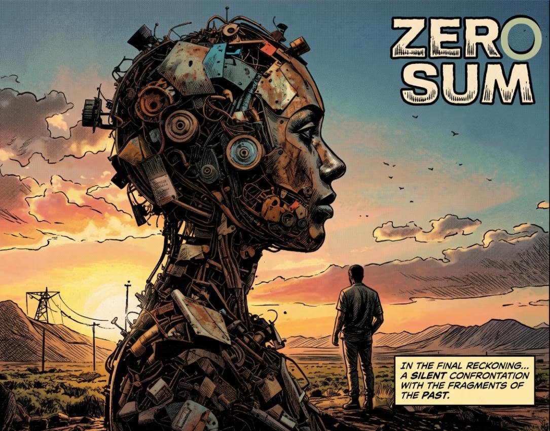 Zero Sum — a robot built from salvaged parts stands in a rain-soaked workshop, purple eyes glowing
